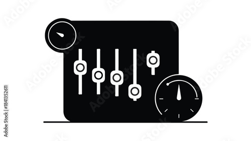 Technical settings interface control panel with dials and gauge, modern technology concept for business software engineering