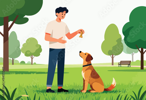 Man giving a treat to dog in a park