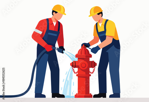 Two workers connect a hose to a fire hydrant, water spraying