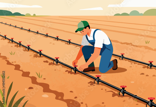 Farmer adjusting irrigation lines in a field with distant rolling hills