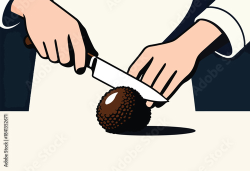 Close-up of hands in formal attire slicing a dark, textured round truffle with a knife