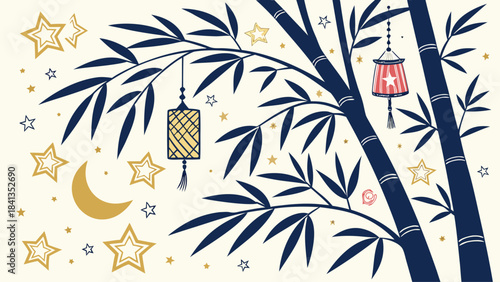 A serene vector illustration of a bamboo forest at night with hanging lanterns surrounded by stars and a crescent moon.