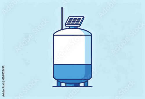 A stylized illustration of a blue and white storage tank with a solar panel and antenna