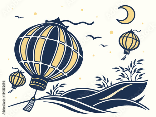 A vector illustration of hot air balloons flying over a serene landscape at night with a crescent moon