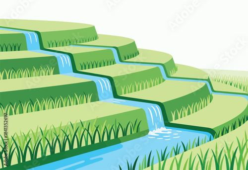 Green terraced landscape with water channels flowing between steps