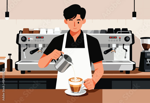 Barista creating latte art with milk pitcher next to espresso machine