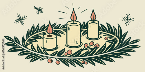 A festive vector illustration of three lit candles surrounded by green leaves and red berries on a cream background with snowflakes.