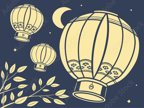 A serene vector illustration of glowing lanterns floating gently in the night sky with a crescent moon and leaves, creating a peaceful atmosphere.