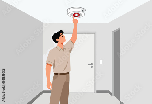 Man pressing button on ceiling smoke detector in a hallway