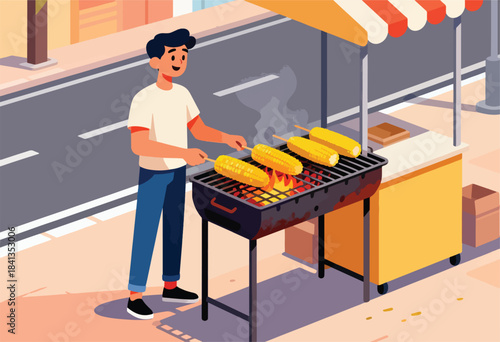 Man grilling corn on skewers at a street stall with a striped awning