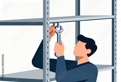Man tightening bolts on metal shelving unit with a wrench