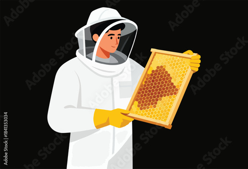 Person in protective suit holds honeycomb frame with hexagons