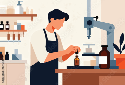 Person in apron carefully handles dropper over small bottle near machinery