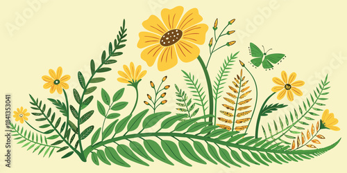 A vibrant vector illustration of a lush meadow with blooming flowers, ferns, and a butterfly in a sunny natural landscape.