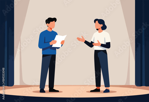 Two people on stage, one holding a paper and the other gesturing