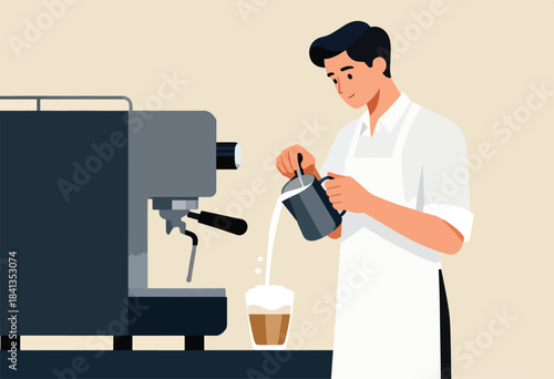 Barista preparing a creamy coffee drink with a machine