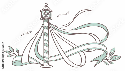 Vector illustration of a stylized lighthouse with flowing ribbons and leaves on a white background