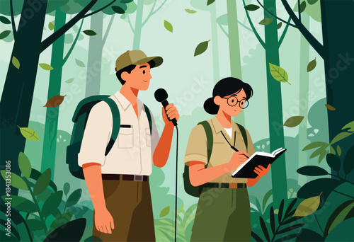 Two researchers with backpacks document flora and fauna in a dense, misty forest