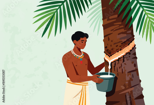 Man collects latex from tree, tropical foliage overhead