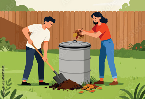 Two people tending a compost bin in a garden, digging soil and adding leaves