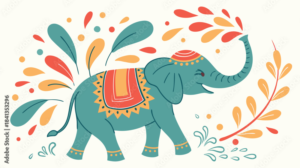 Fototapeta premium A colorful vector illustration of an elephant adorned with vibrant decorations and surrounded by abstract floral patterns in a lively celebration scene.