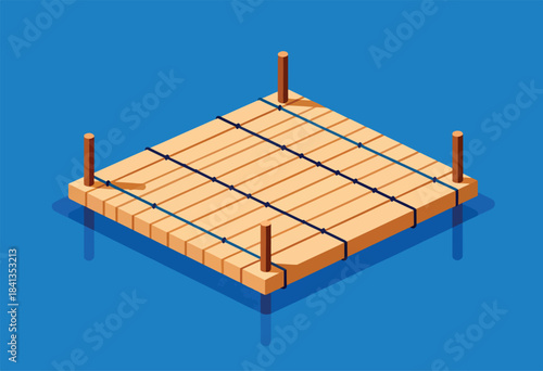 Isometric wooden platform with posts floats on deep blue water