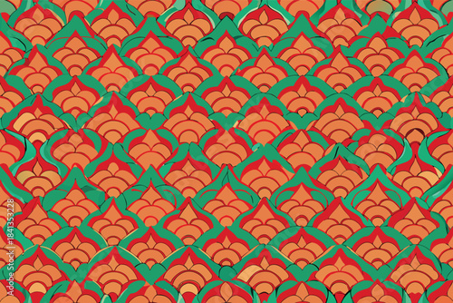Vibrant orange and green vector pattern fills the entire framed abstract background with repeating shapes
