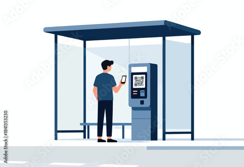 Man at bus stop using phone to scan QR code on ticket machine