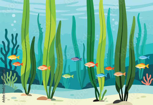 Schools of colorful fish swim among tall green underwater plants