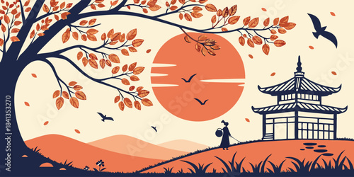 A serene vector illustration of a traditional Asian pavilion under a vibrant orange sun with a tree, mountains, and a person in the background.