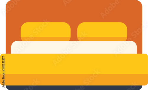 Comfortable double bed with yellow sheets, pillows, and orange headboard isolated on white background promoting relaxation and rest