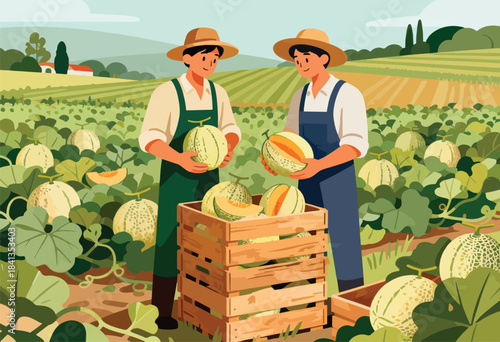 Farmers harvest ripe melons in a sun-drenched field, filling wooden crates