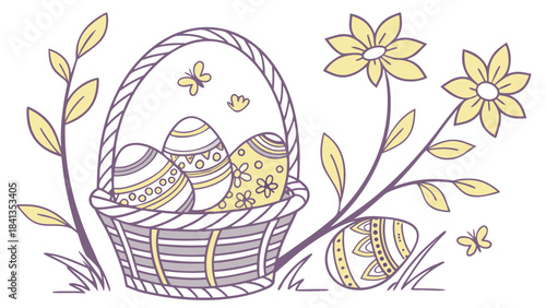 Joyful Spring Festival: A vector illustration of a charming basket filled with decorative eggs and blooming flowers.