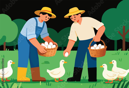 Farmers in straw hats collect eggs from ducks in a grassy field