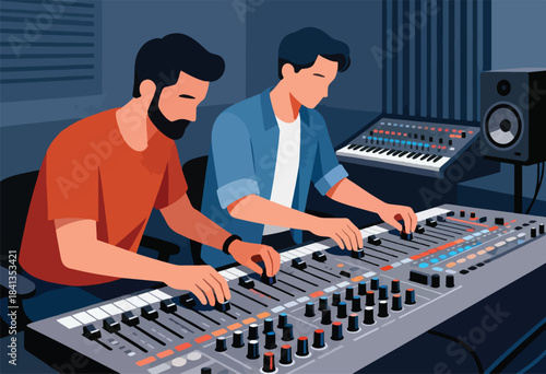 Two men work together at a soundboard in a recording studio