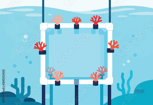 Underwater frame structure with coral growths and bubbles