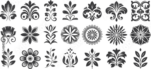 Set of black ornamental floral and abstract decorative elements flourish swirl