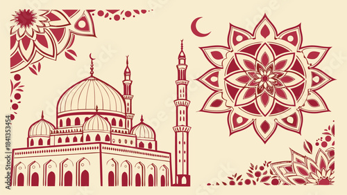 Cultural illustration of a mosque and ornate patterns, presented as a beautiful vector art piece for festive celebrations.