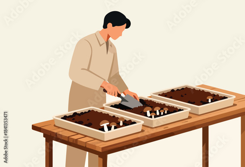 Person tending to mushrooms growing in soil trays on a wooden table