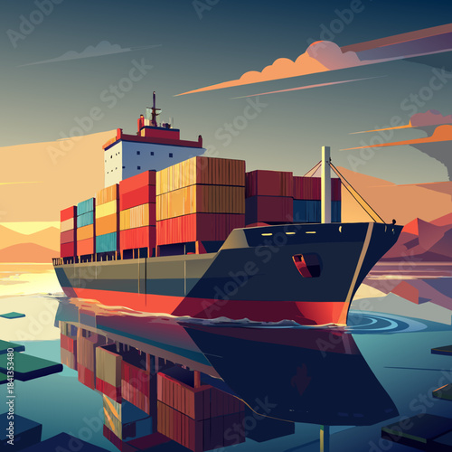 Large Cargo Ship Sailing at Sunset Illustration