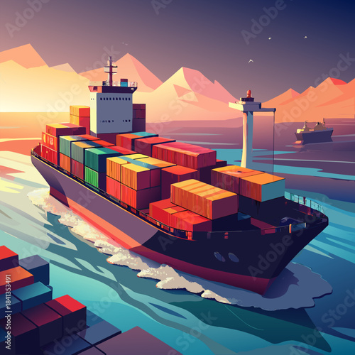 Container Cargo Ship on the Sea Illustration