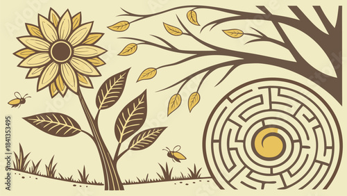 Nature's Journey: A stylized outdoor vector illustration depicting a sunflower, bees, and a labyrinth.