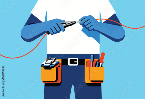 Person wearing gloves and tool belt strips wires with pliers