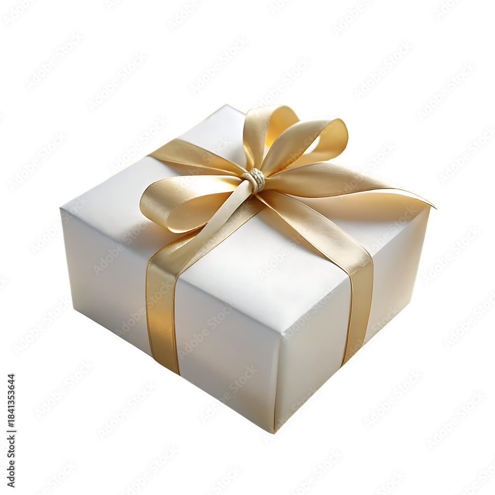 Fototapeta premium White Gift Box with Gold Ribbon Isolated on White Background