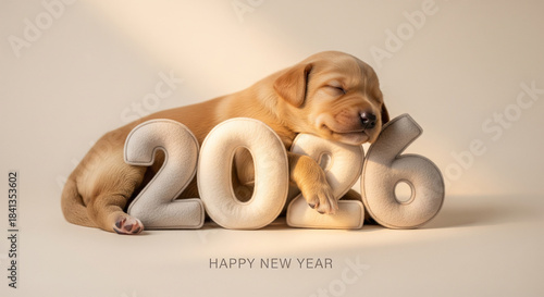 Adorable sleeping golden retriever puppy cuddles soft plush numbers spelling out 2026 for a sweet and cozy happy new year greeting card design