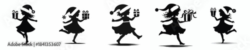 vector silhouette of a little girl dancing happily with a Christmas gift