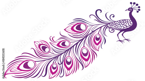 Side profile vector illustration of a stylized peacock displaying its ornate purple and pink plumage on an abstract background.