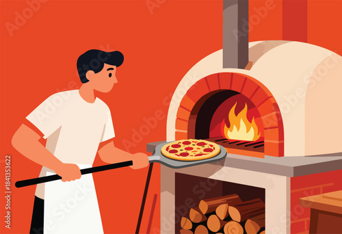 A person in an apron prepares a pizza near a glowing brick oven filled with flames