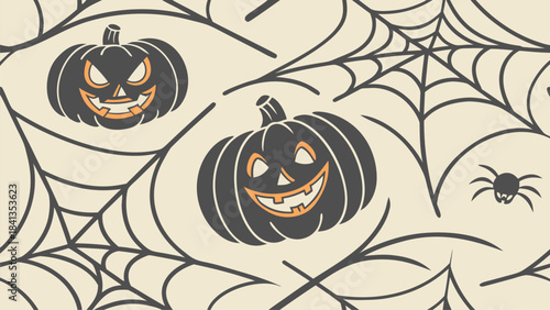Festive Halloween vector pattern with smiling pumpkins, spider webs, and a spider