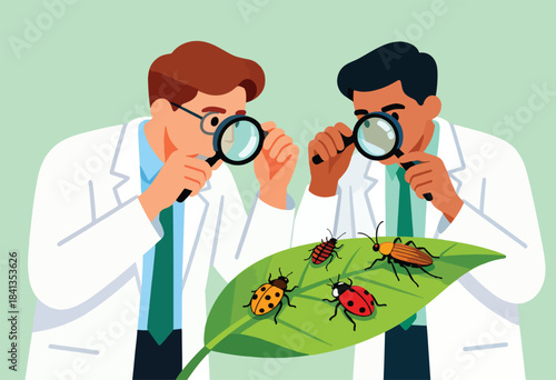 Scientists examine insects on a leaf with magnifying glasses